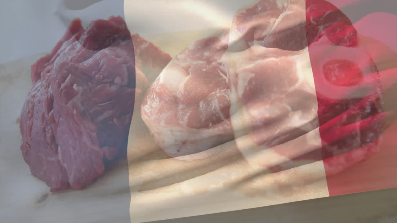 Displaying raw meat cuts over translucent French flag colors in culinary animation