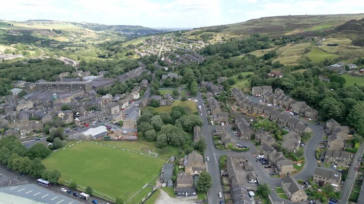 Aerial footage of a typical industrial village in Yorkshire England
