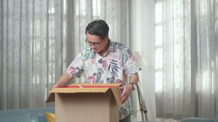Asian Man Moving Into A New House Unpacking The Cardboard Box And Taking Stuff Out Of It