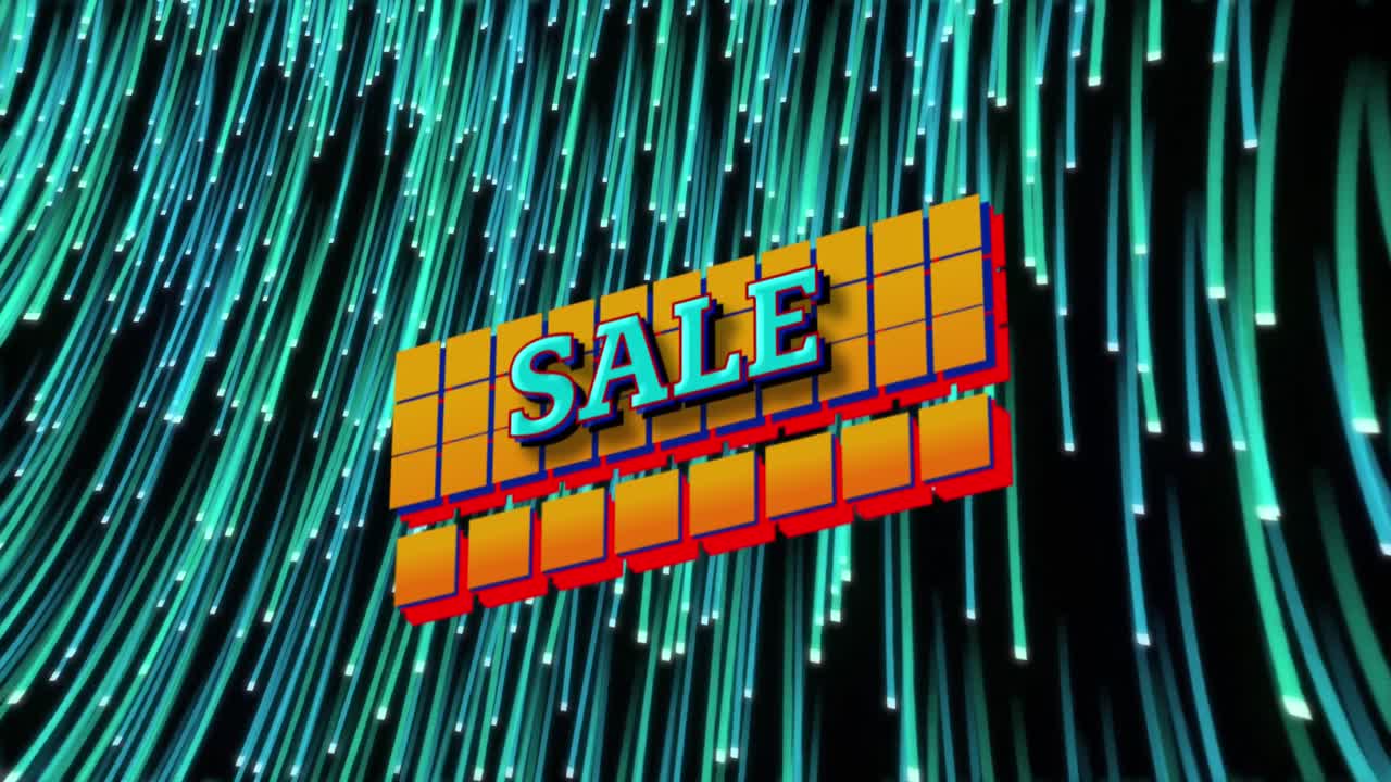 texto de venta sobre bandera amarilla contra rastros de luz verde que caen contra un fondo negro