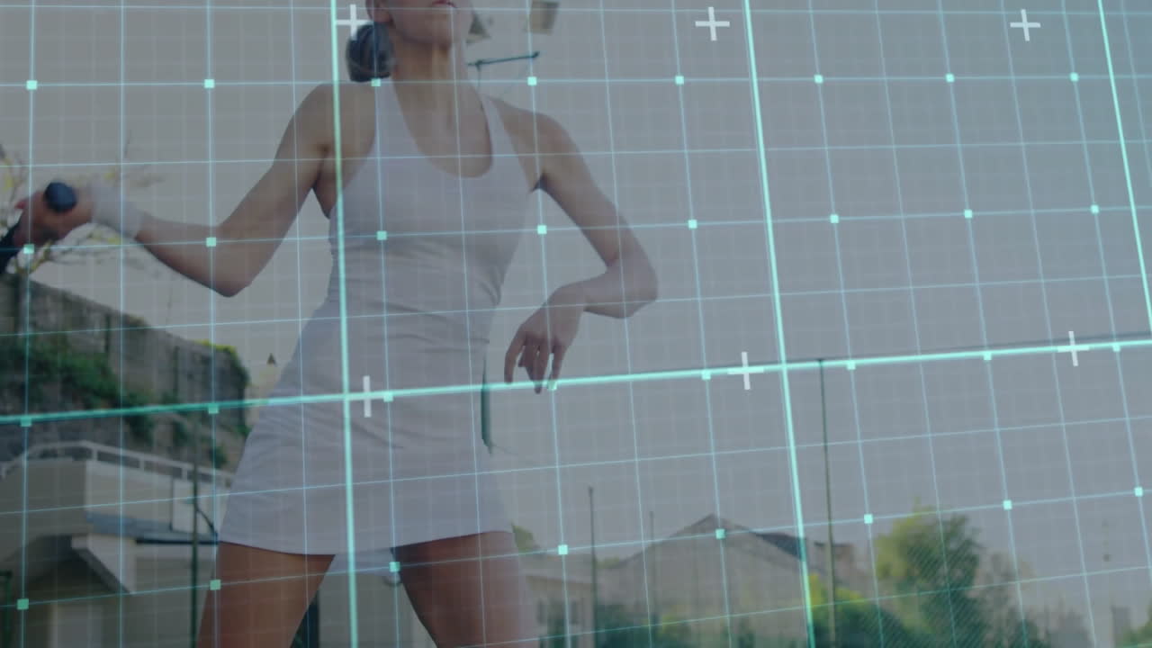 woman tennis player standing on suburban court, displaying augmented reality grid and plus markers