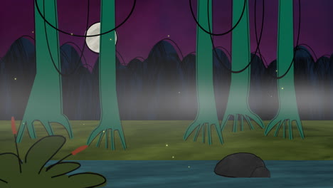 cartoon animation background with forest and swamp