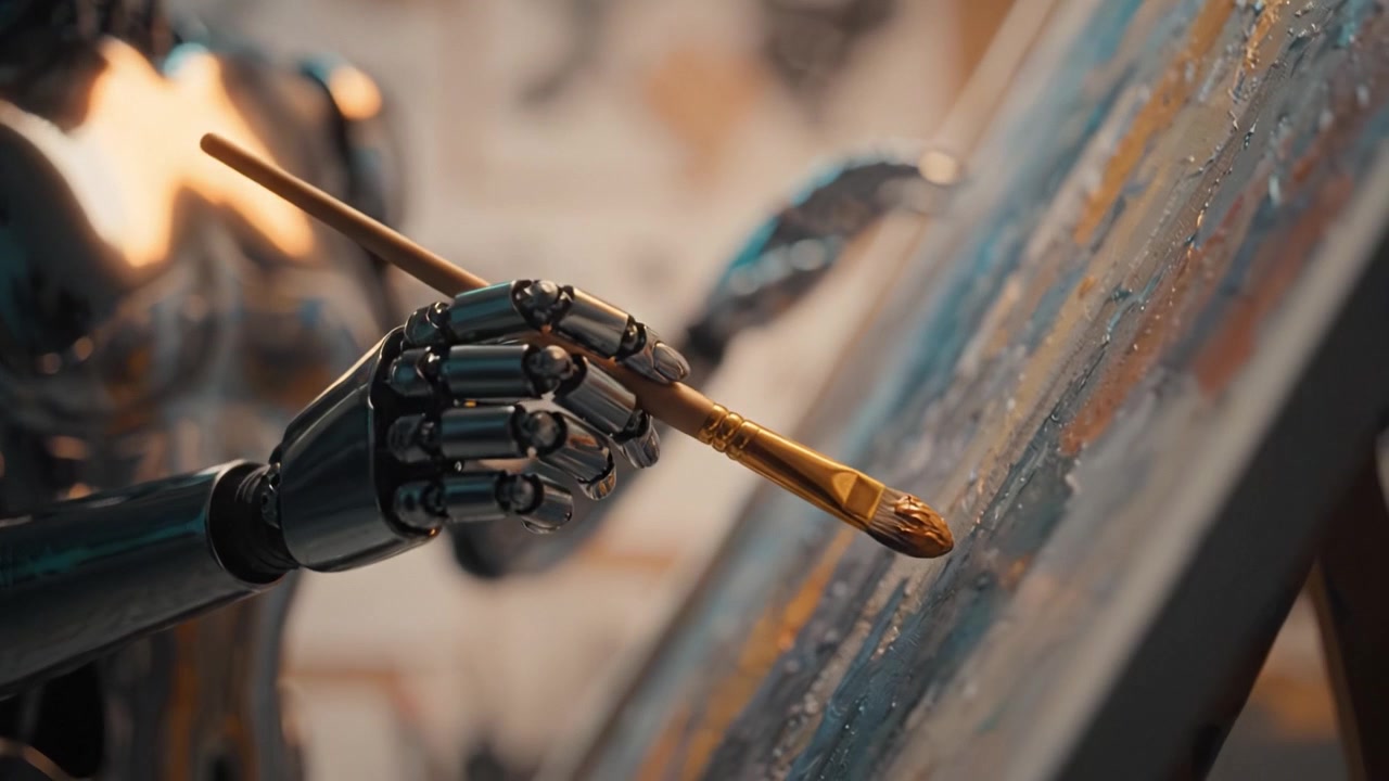 En futuristisk robotkonstnär sysselsatt med kreativt måleri: Utforskar skärningspunkten mellan teknik och konstnärskap med en metallisk estetik i en innovativ studiomiljö