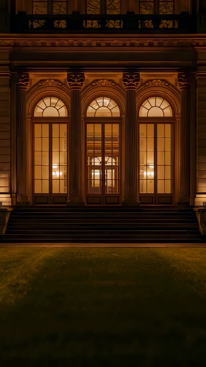 Vertical video: Panning camera moving closer to entry at night, showing lit arched doors and steps