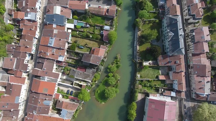 Aerial vertical drone view of Verdun, river la meuse located in France.