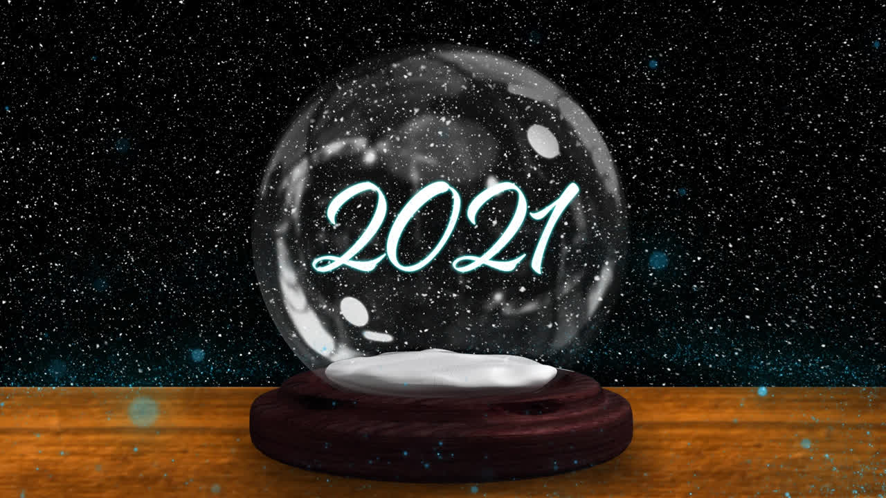 animación de nieve cayendo sobre un globo de nieve con texto de 2021 en fondo negro
