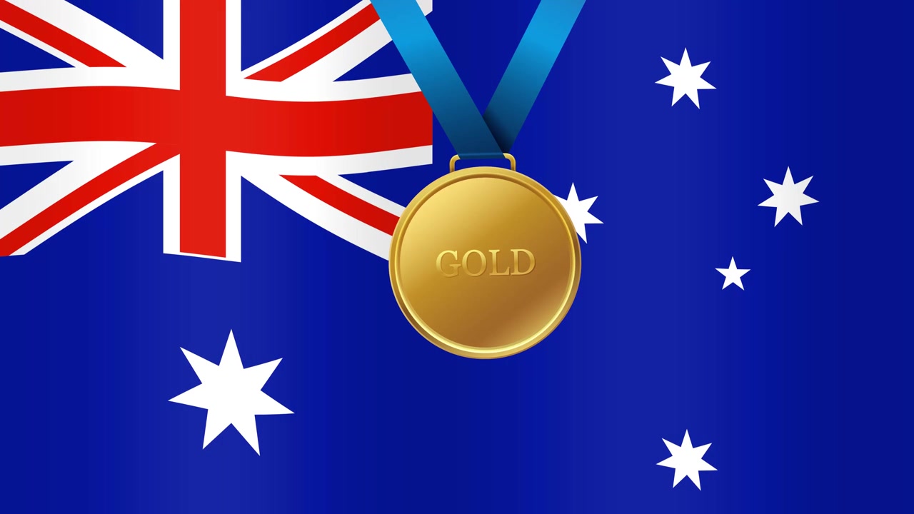 Błyszczący złoty medal z niebieską wstążką na tle powiewającej australijskiej flagi.