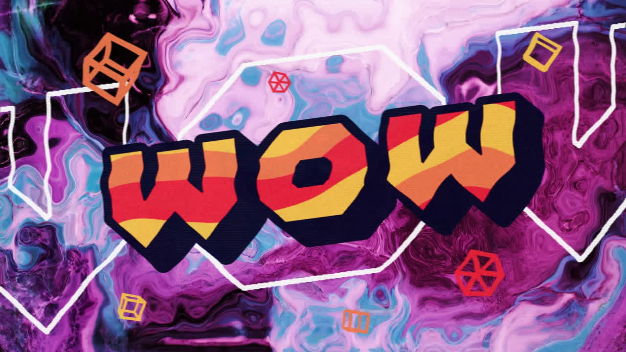 텍스트의 애니메이션 와우, 오렌지색과 검은색, 회전하는 분홍색 위에