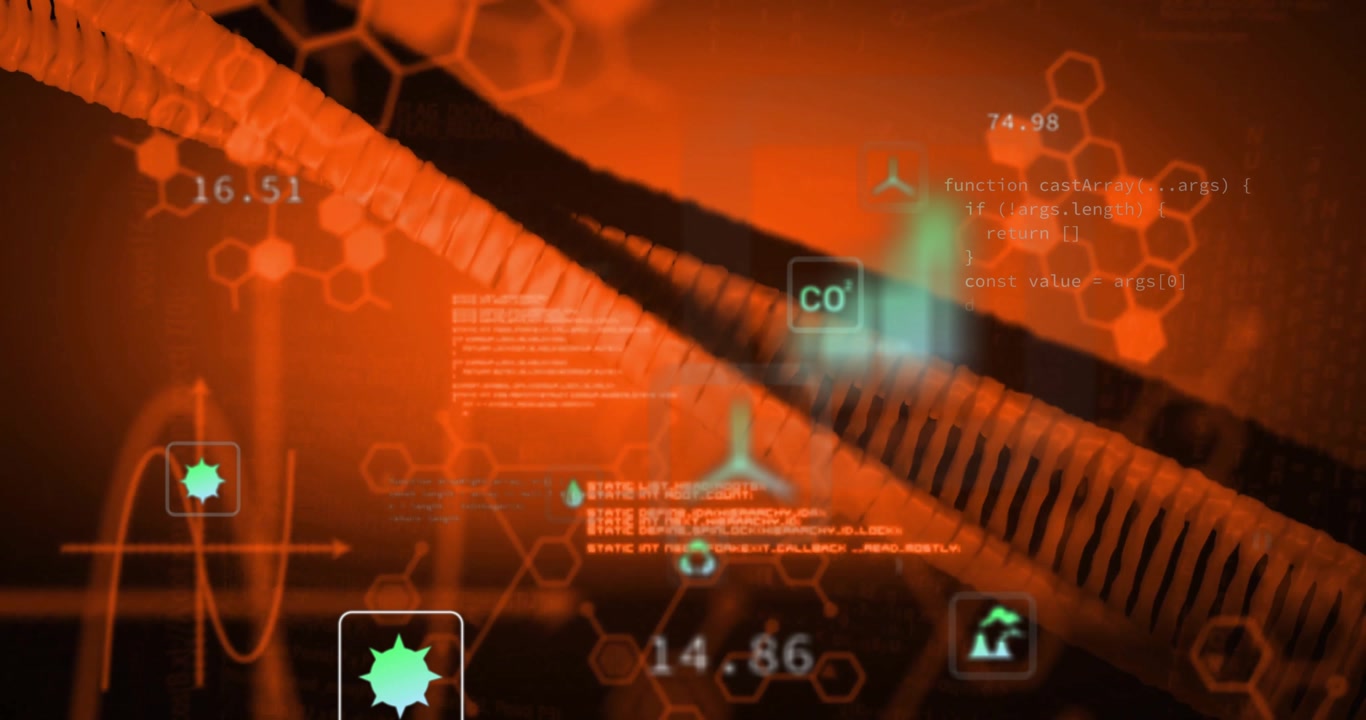 Emerging ribbed helix rotating backward showing chart and droplet icons sliding code updating data