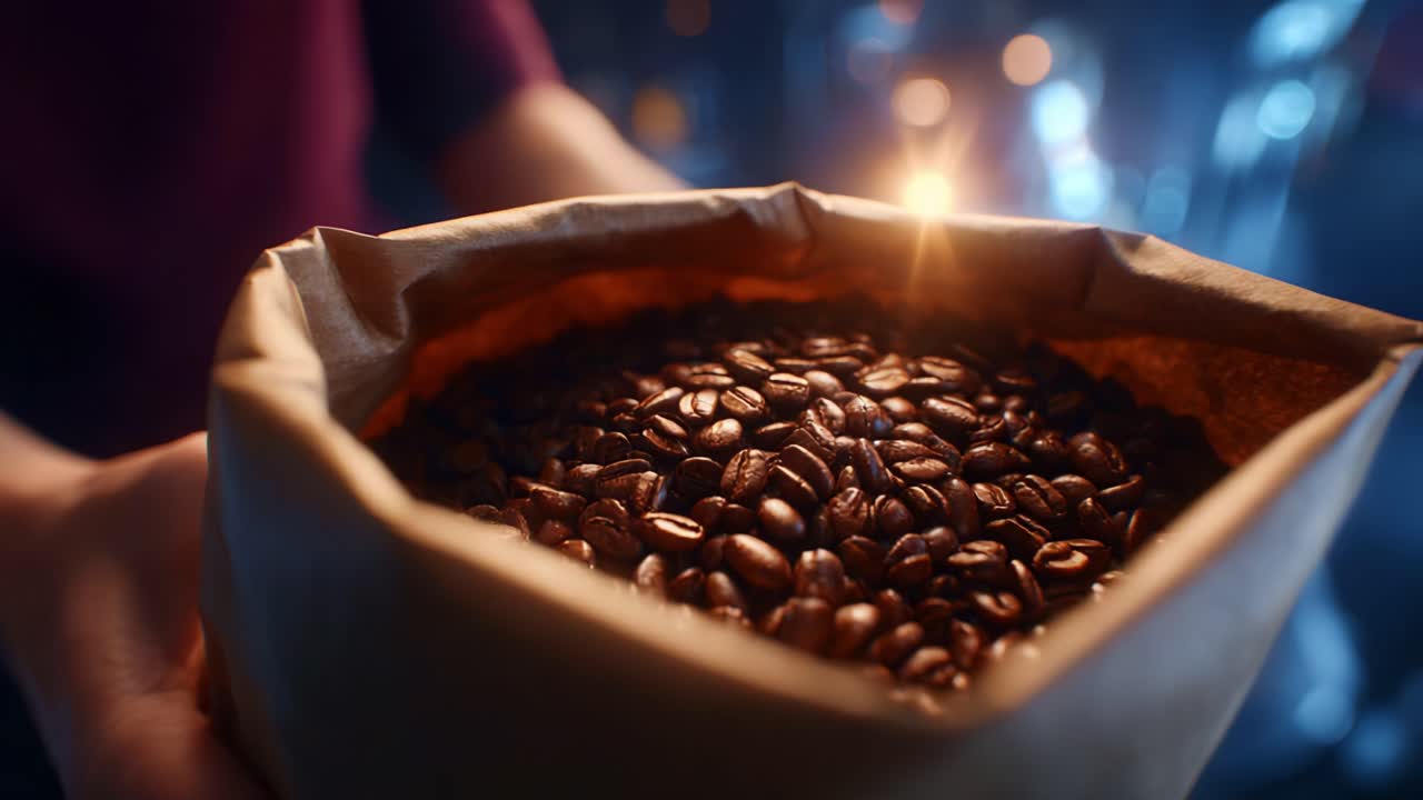 A Close-up of an Open Bag Filled with Freshly Roasted Coffee Beans Capturing the Rich Aroma and Texture Against a Softly Lit Background