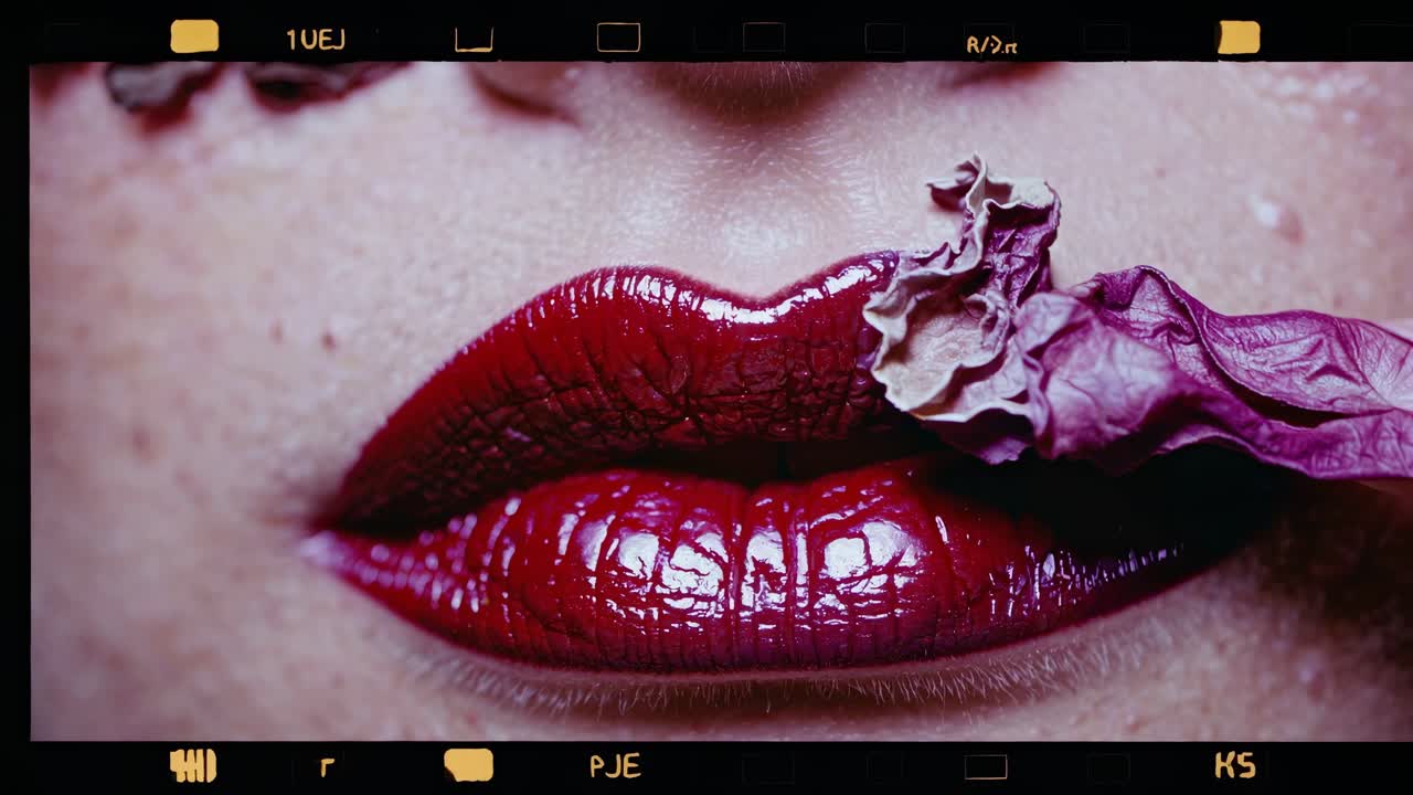 cerca de los labios de una mujer con lápiz labial rojo oscuro sosteniendo una flor púrpura seca entre ellos, presentado como una serie de seis marcos secuenciales