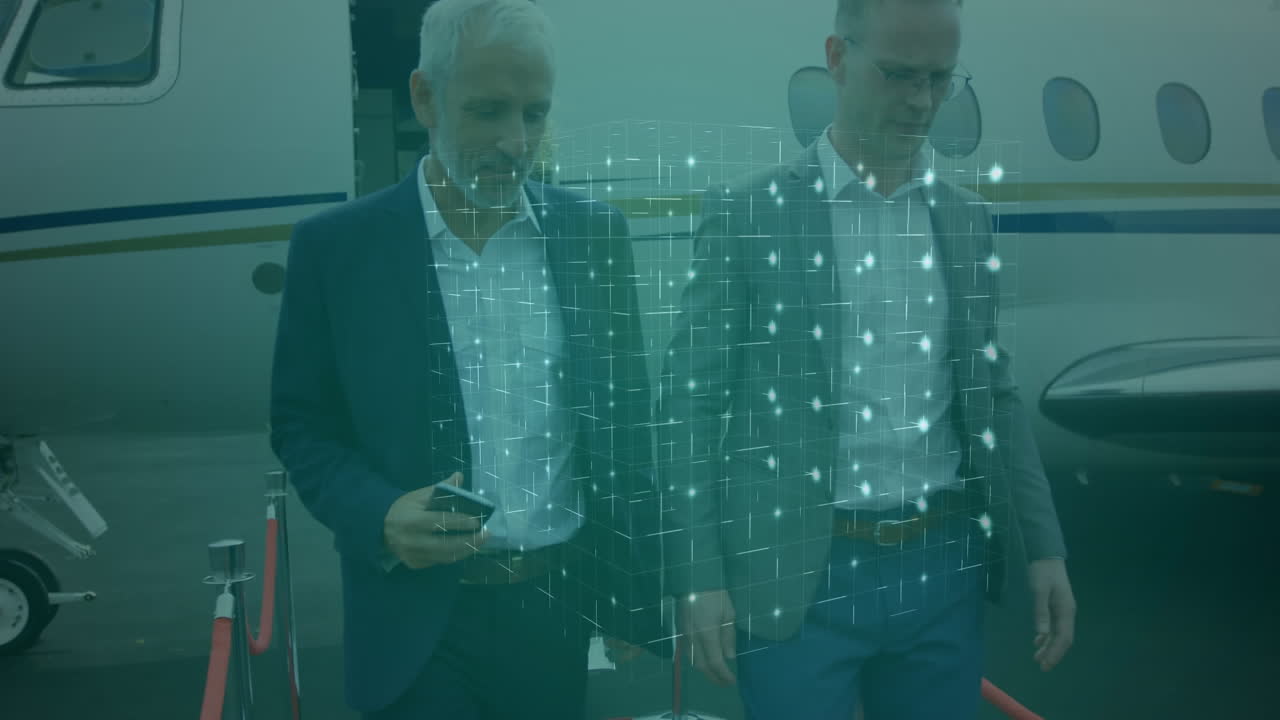 네온 3d 추상 구조의 애니메이션, 비행기에서 나온 사업가 팀을 상대로