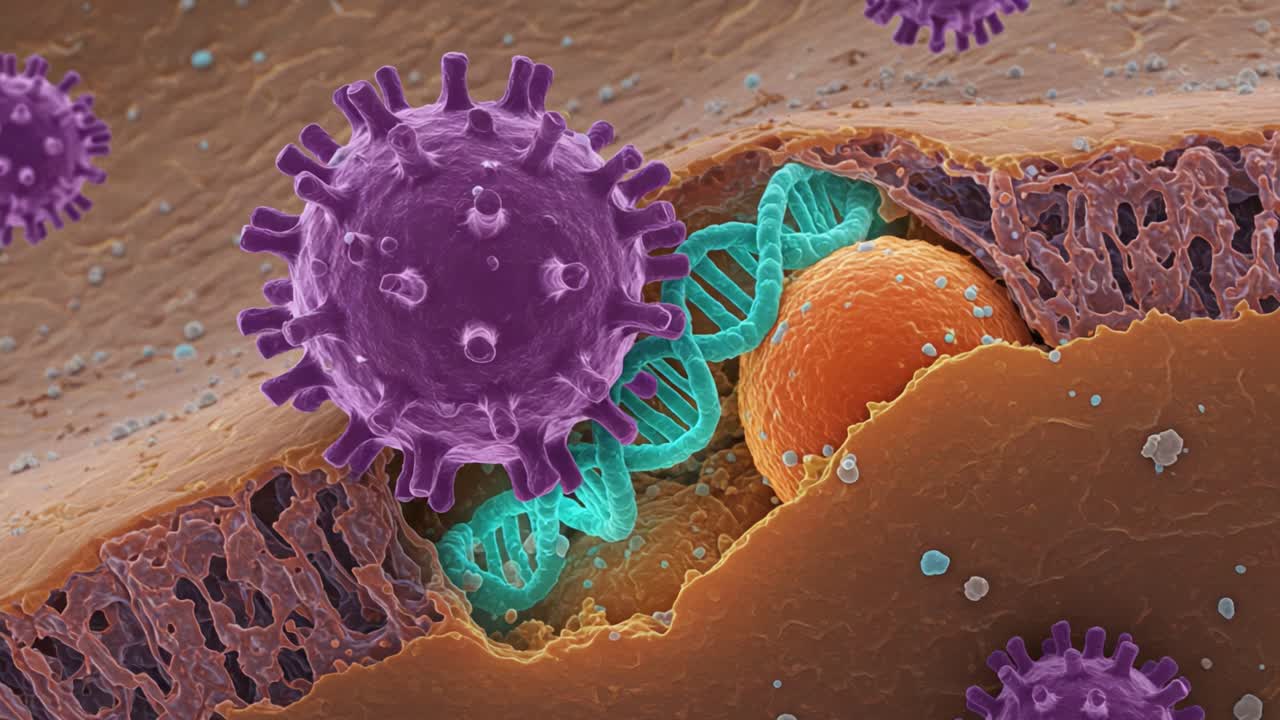 Intricate Visualization of Virus Interaction with Host Cell's Genetic Material: Unveiling the Complex Dynamics of Viral Infection at the Molecular Level