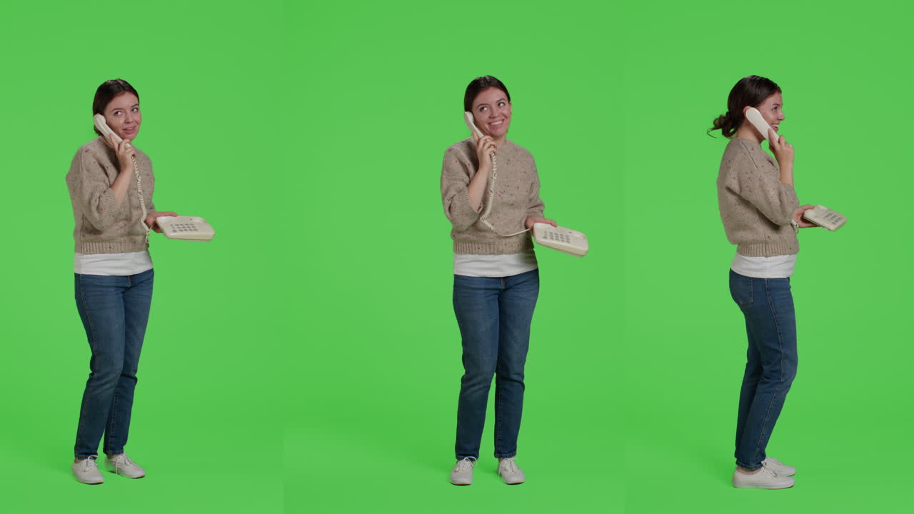 Woman Talking on a Landline Phone on Green Screen