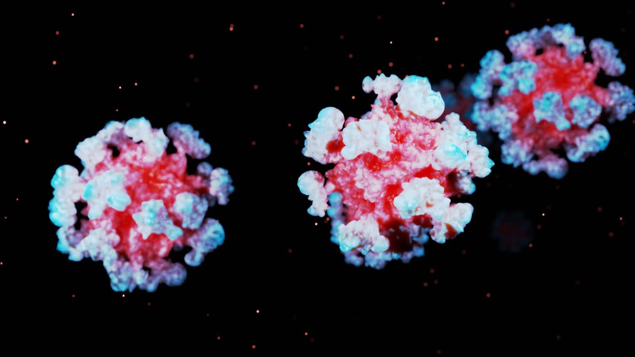 코로나19 (h1n1), 조류 독감 또는 돼지 독감이 액체에서 부드럽게 움직이는 바이러스의 3d 표현, 미생물학적 현미경 루프 배경으로 빨간색 파란색 그라디언트 9