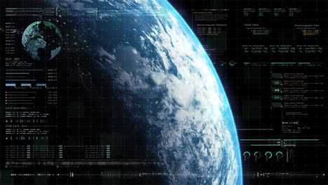 futuristische motion-graphic-benutzeroberfläche, head-up-bildschirm mit holographischer erde und digitaler datentelemetrie-informationsanzeige für digitalen hintergrund-computer-desktop-bildschirm
