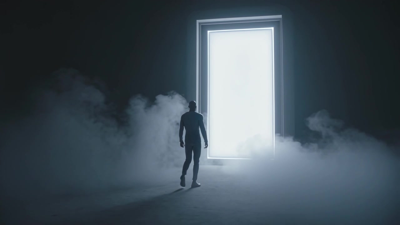 Silhouette maschile che cammina e si ferma davanti a una porta rettangolare illuminata in una stanza buia con nebbia, un portale lo attira.