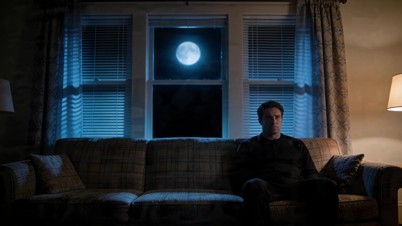 Sitting adult man on sofa shifting and turning to window, moonlight drawing attention, copy space