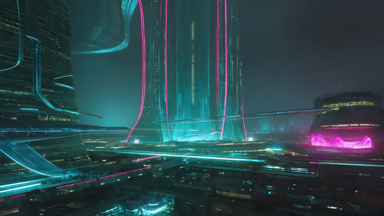 밤에 미래의 사이버 크 도시 풍경