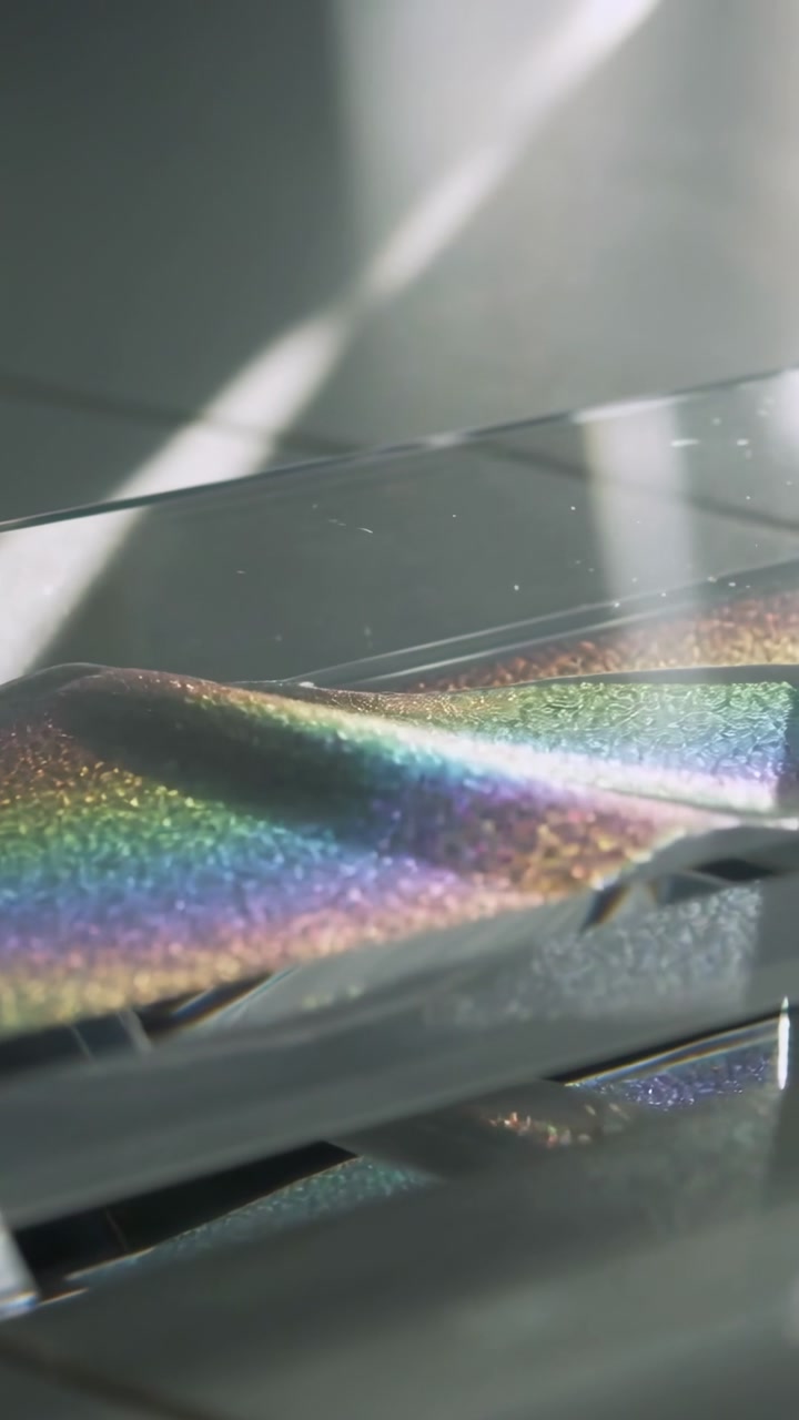Vertical video: Moving camera showing rainbow pigment ridge on glass tray by window to show detail