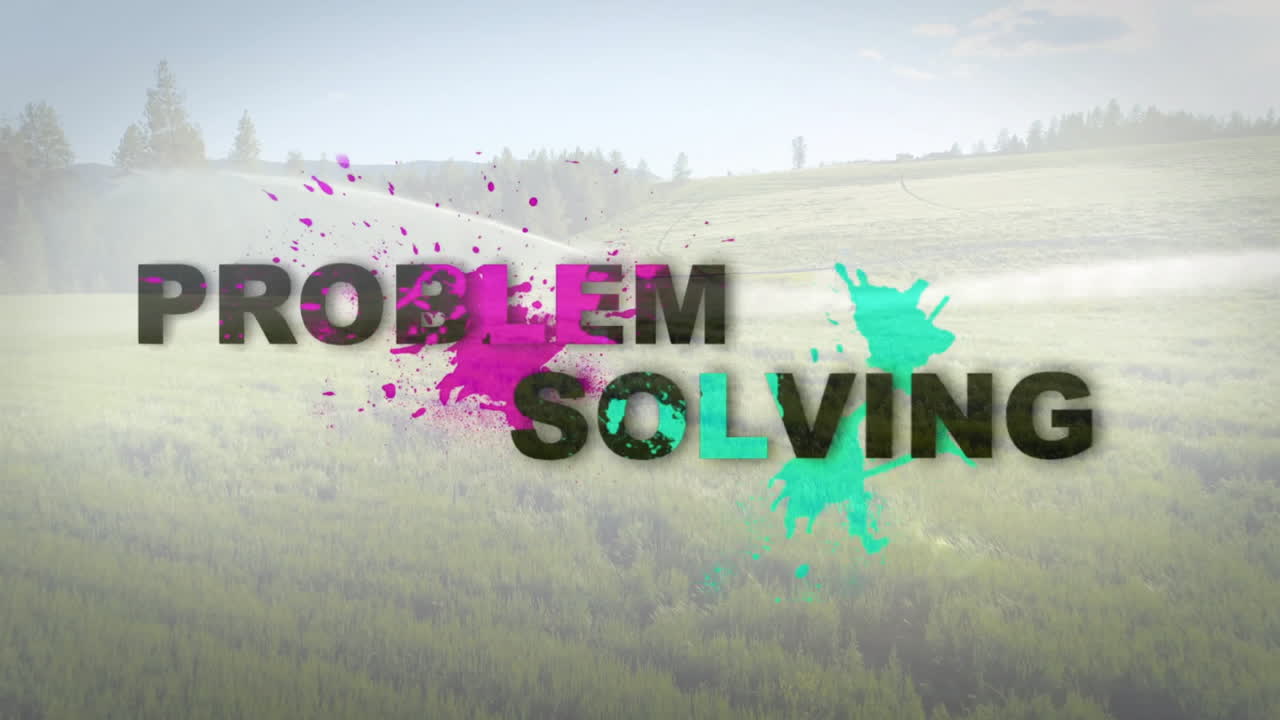Animation of solving problems over lush green field with irrigation system operating