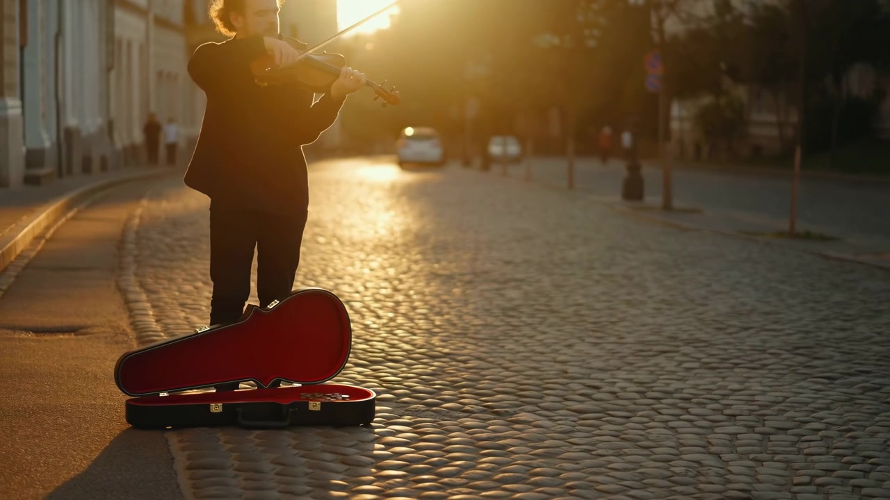 Warm backlight outlines violin player in dark clothing as his bowing arm changes position, with open case at curb, distant cars, and building facades receding into soft focus.