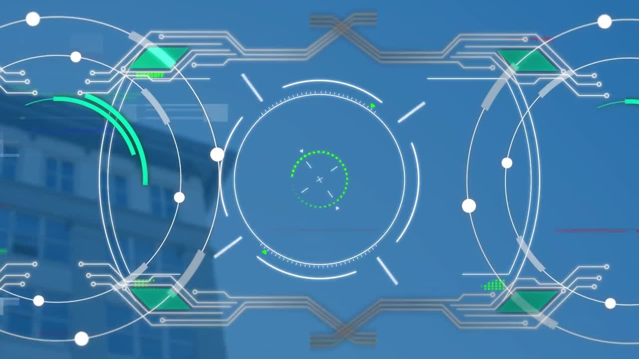 도시 풍경 위의 범위 스캐닝과 데이터 처리 애니메이션