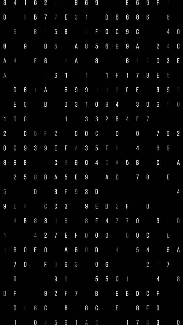 Vertical animation of falling hexadecimal numbers, hacker style digital stream for tech and cybersecurity themes