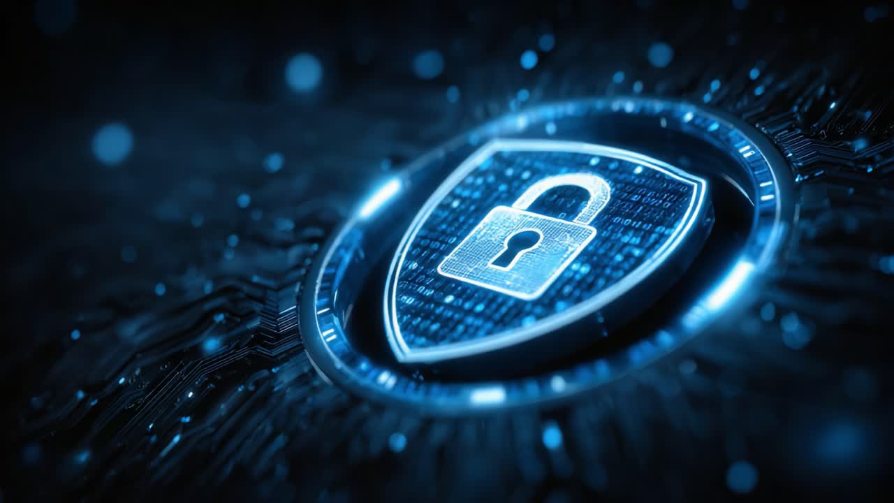 Exploring the Digital Shield: A Futuristic Representation of Cybersecurity with a Lock Emblem Surrounded by Binary Code and Data Waves