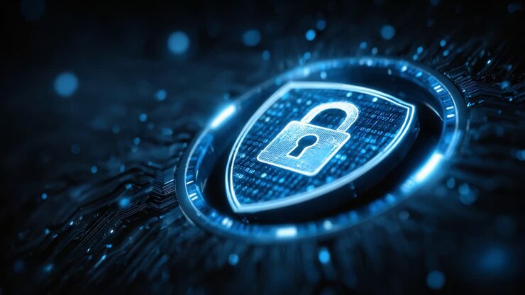 Exploring the Digital Shield: A Futuristic Representation of Cybersecurity with a Lock Emblem Surrounded by Binary Code and Data Waves