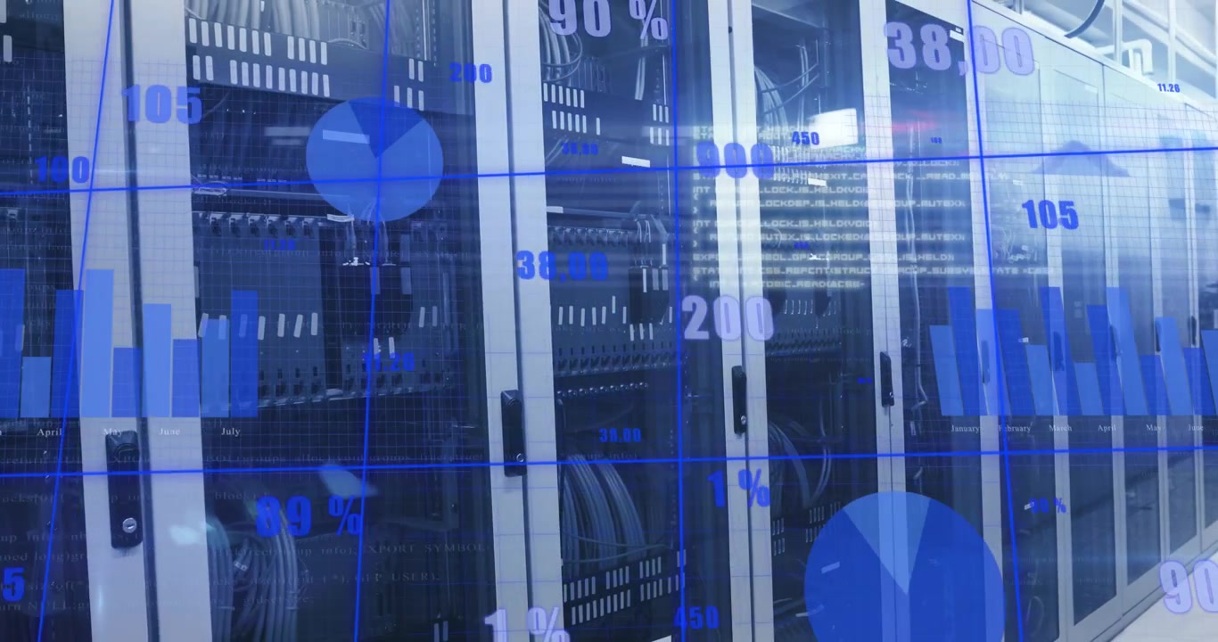 Animation of statistical data processing over grid network against computer server room
