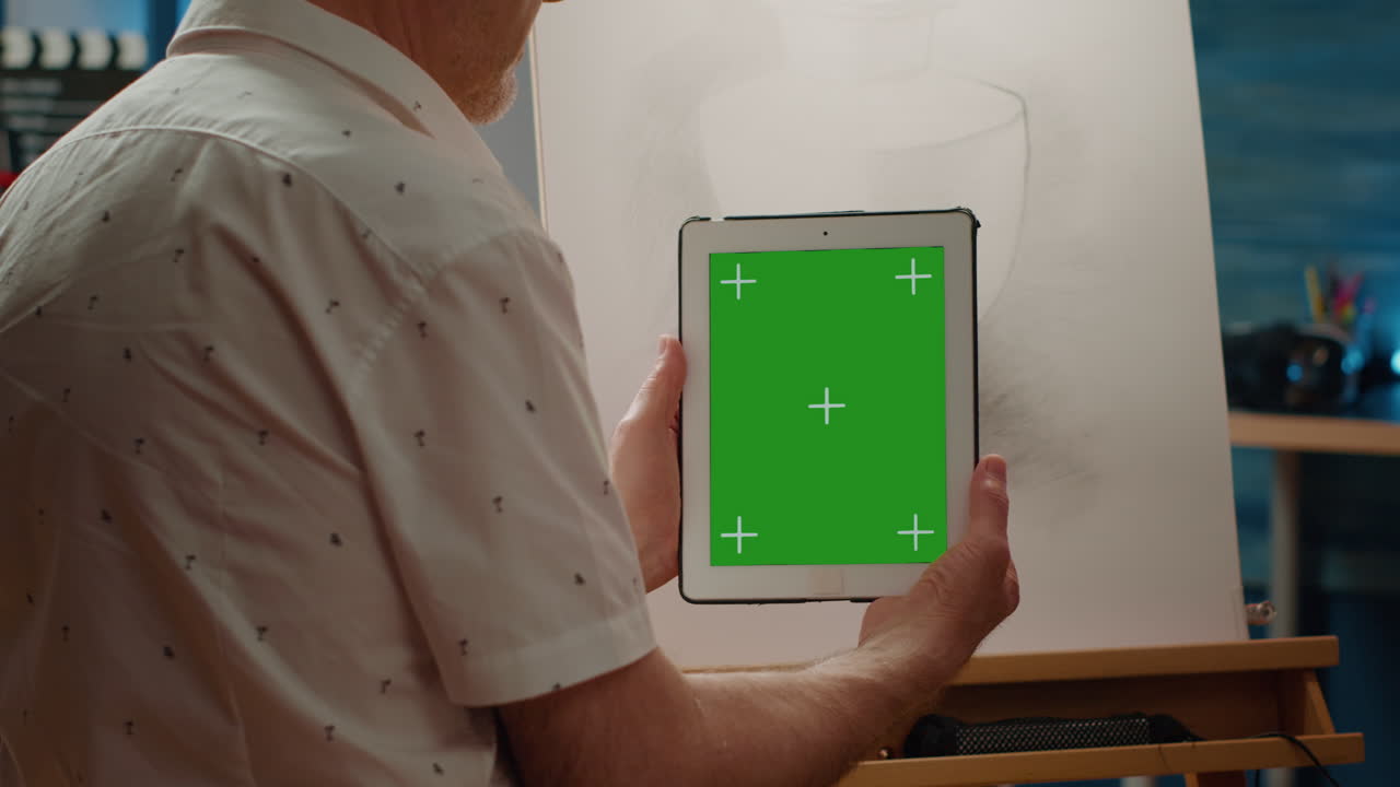 Old man using digital tablet with greenscreen background