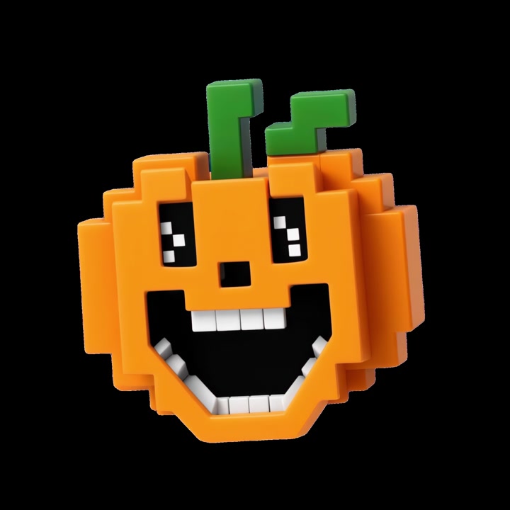 Personaggio Zucca 3D in Stile Voxel Rotante su Sfondo Nero