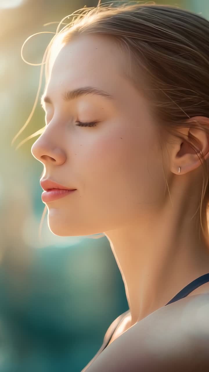 Vertical video: Feeling breeze, woman in tank top turning head left in garden with earrings