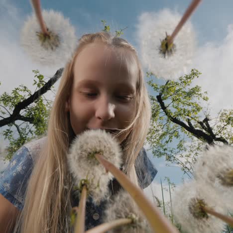 the girl is blowing on dandelions