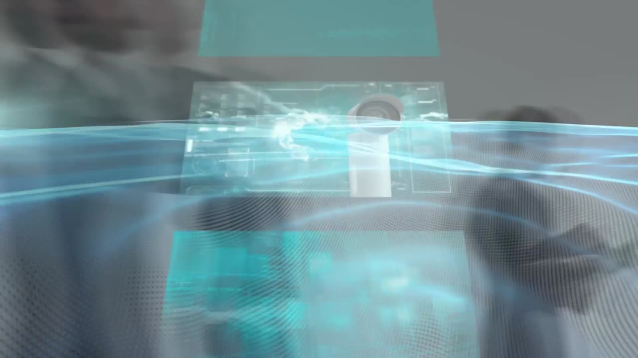 빠른 동작으로 걸어가는 보행자 위의 화면에서 데이터 처리의 애니메이션