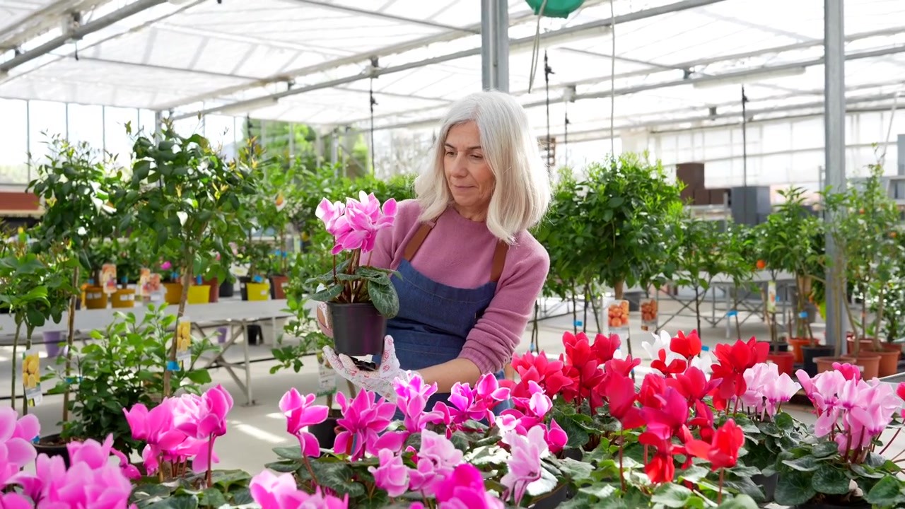 Donna matura che si prende cura di fiori in vaso in una serra.