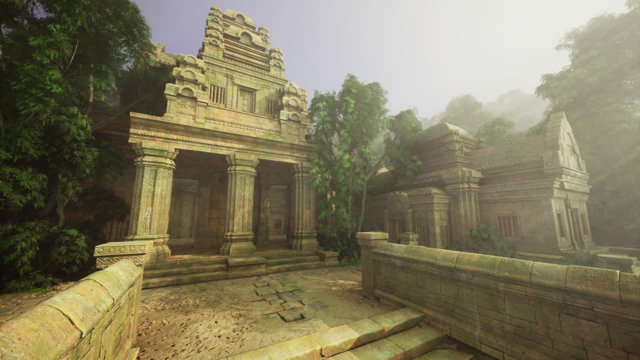 Ancient temple complex nestled in dense jungle showcasing intricate stonework