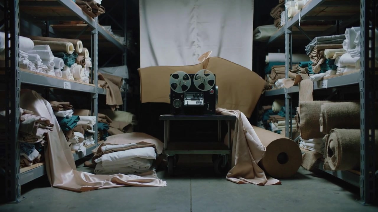 Rippling white fabric panel bulging in fabric aisle, revealing low cart with reel-to-reel tape