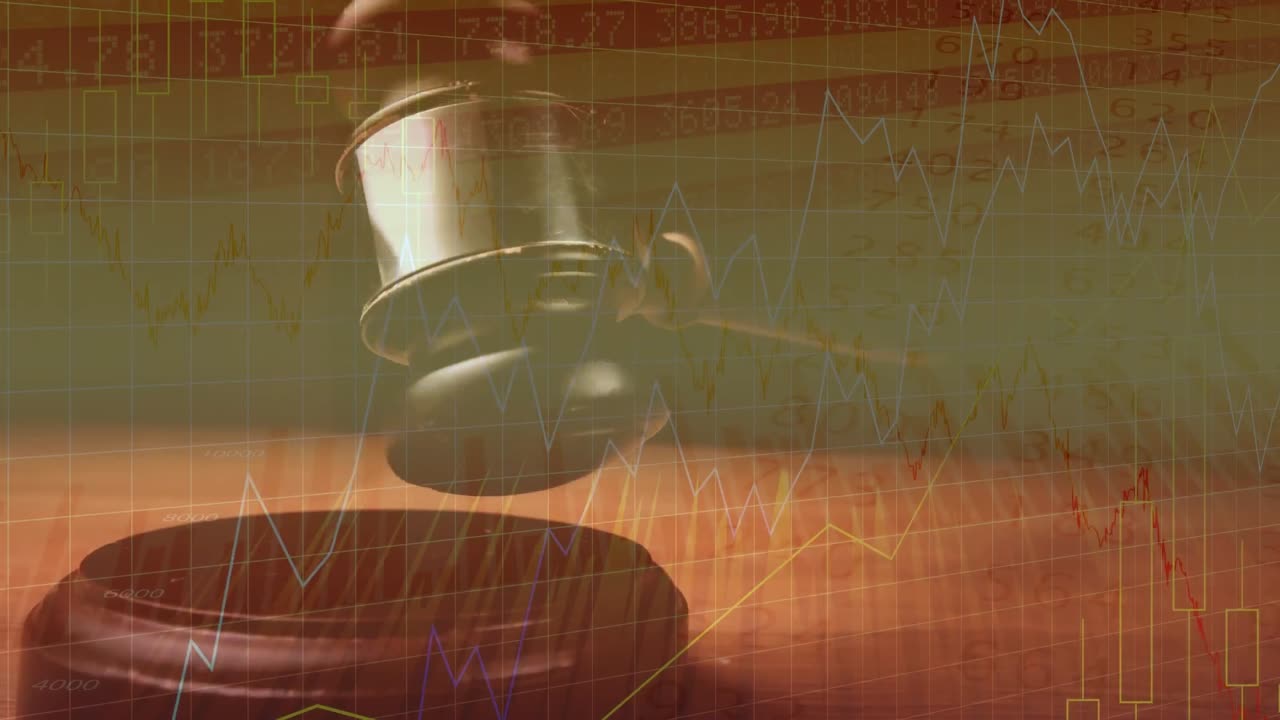 Animation of statistics and financial data processing over auctioneer's hammer