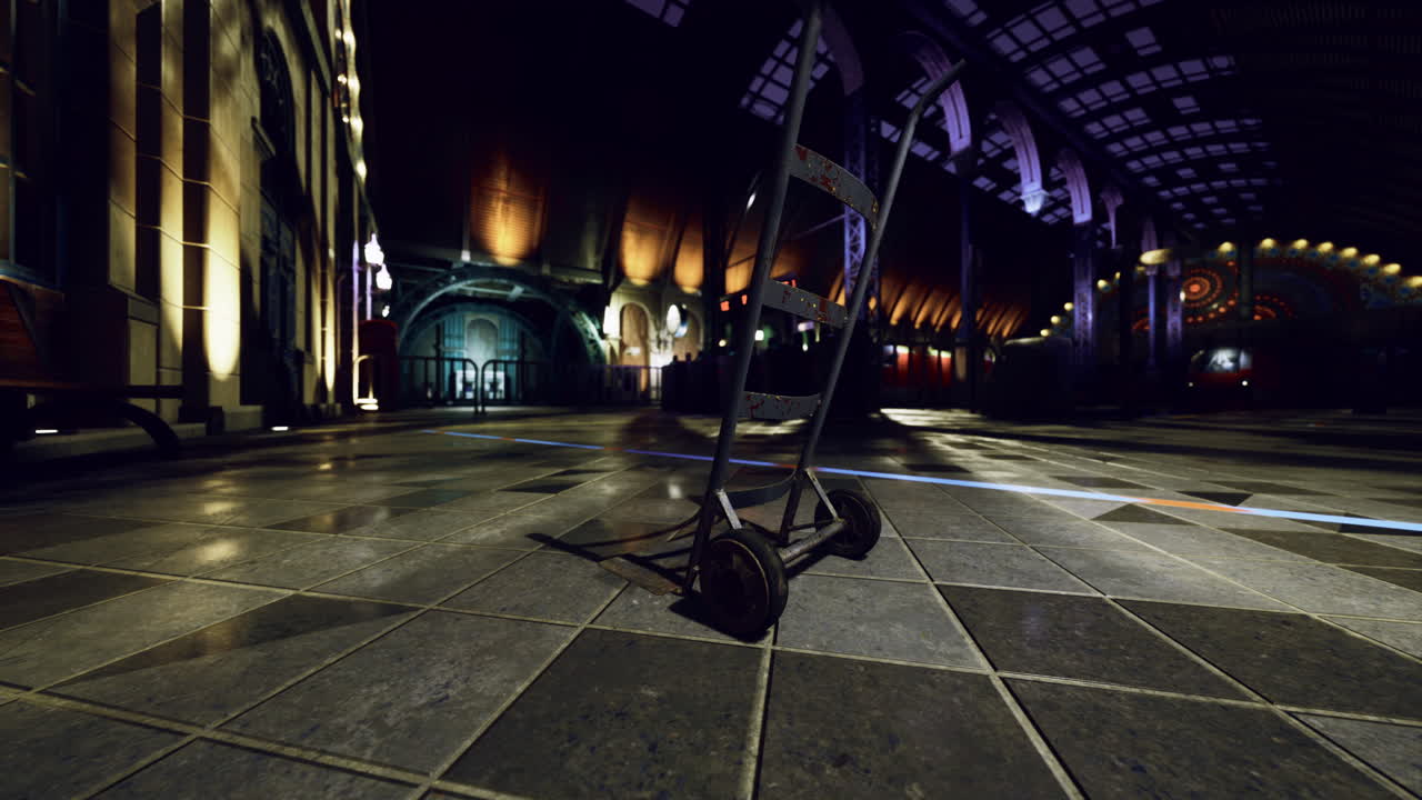 Empty interior space with a dolly on the floor at a train station