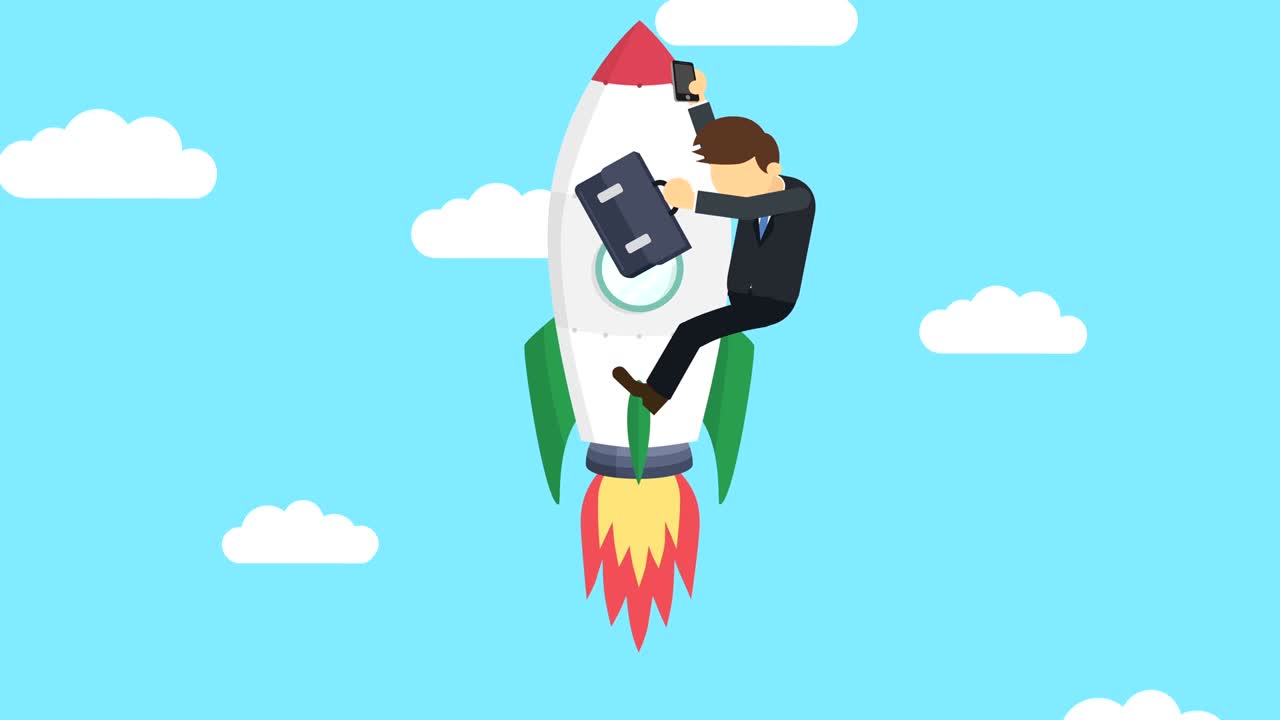 hombre de negocios volando en un cohete a través del cielo azul. concepto de salto. ilustración de bucle en estilo plano.