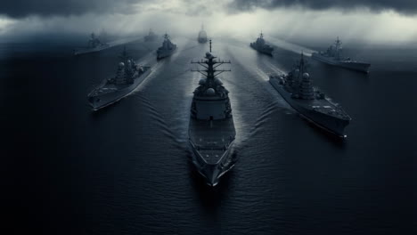 naval fleet steaming through stormy seas