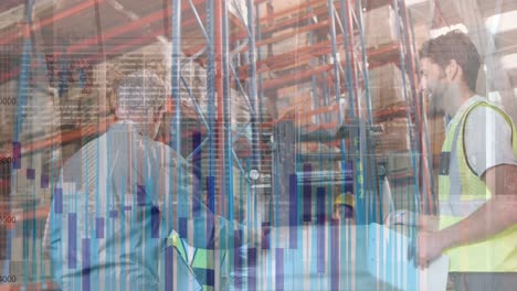 Animation-of-data-processing-over-caucasian-senior-supervisor-and-male-worker-working-at-warehouse