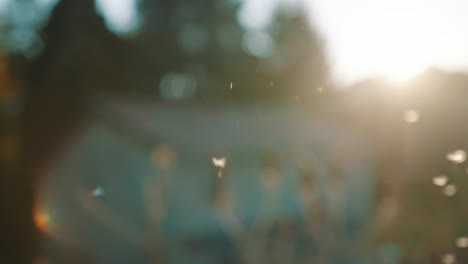 holding dandelion flowers in hand and blowing seeds in the air at sunset, slow motion cinematic