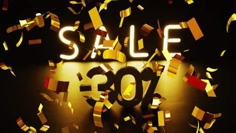 animación de confeti de oro en venta -30% de texto en blanco sobre fondo negro
