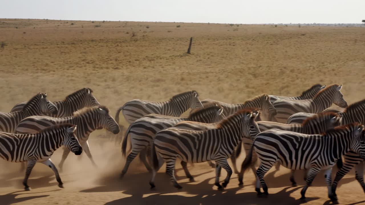Branco di zebre che corre attraverso la savana, sollevando polvere sotto una brillante luce solare, vista ravvicinata di equidi striati.