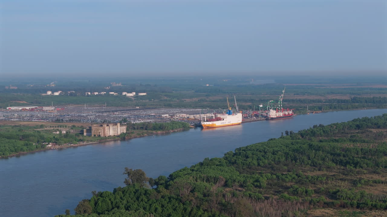Cargo terminal of Puerto Zarate with cargo ships on Parana River. Buenos Aires, Argentina. Aerial view.