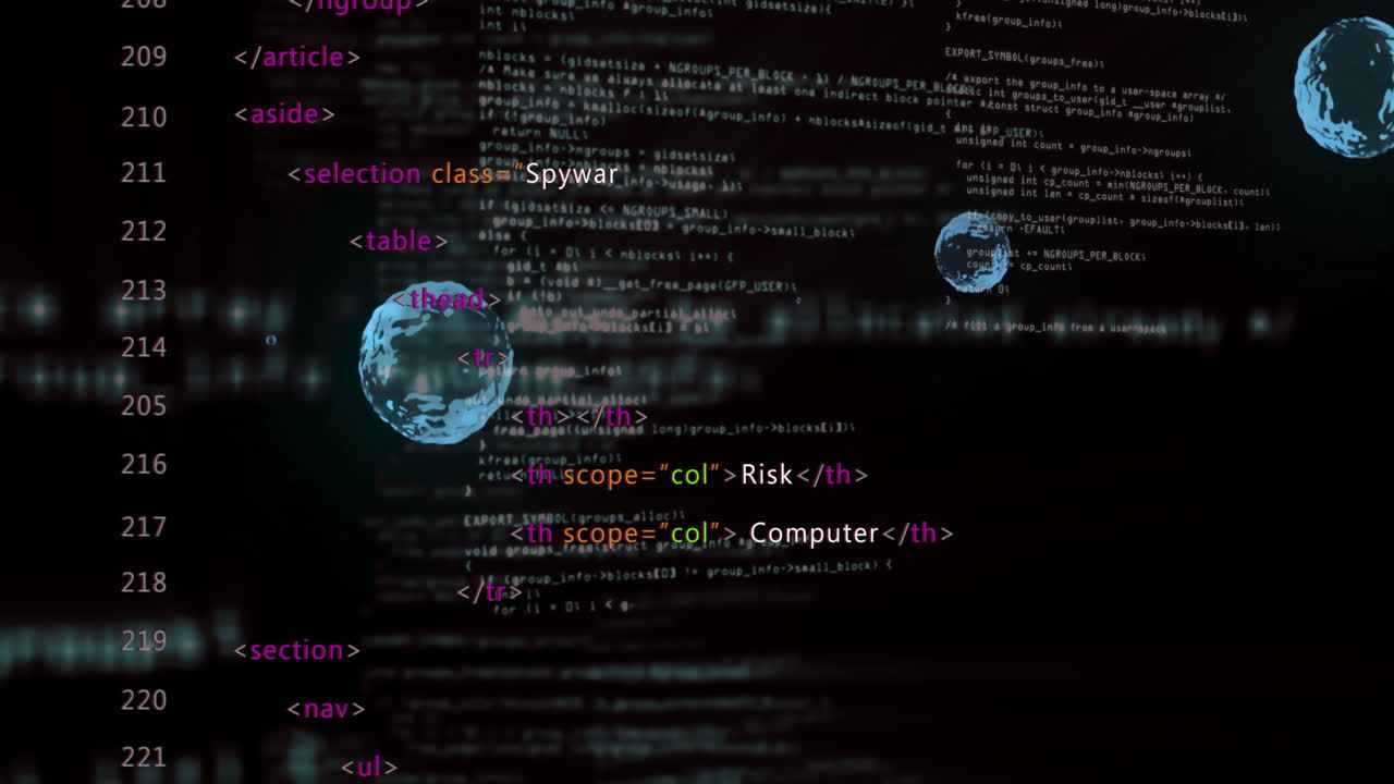 Layered HTML tags, C code snippets being visualized in dark workspace, with floating blue spheres