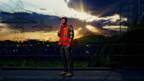 full body side view of asian male engineer with safety helmet thinking and looking around then raising his index finger while standing near high voltage tower